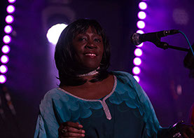 This is a photo of a female singer. Her name is Wanda Terrelonge and she performs with both The All New Blues and Soul Revue and Funk Odyssey.