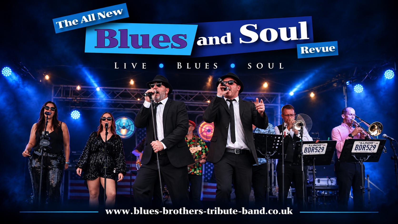 The full band performing under blue lights, with Live Blues Soul lettering