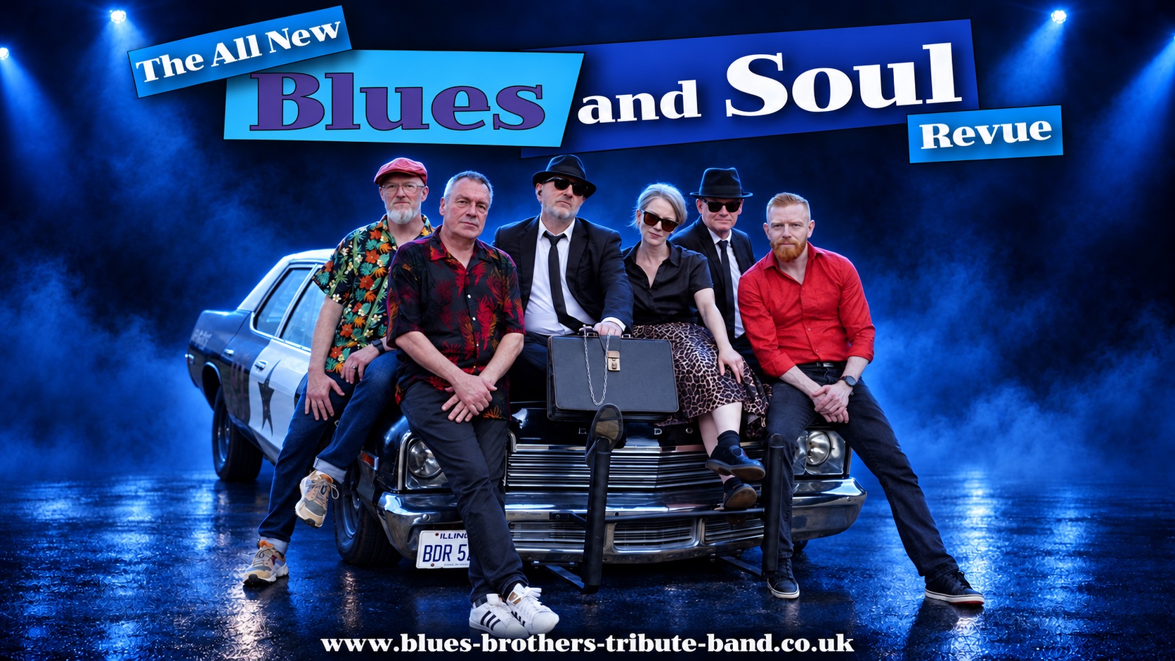 The six-piece Blues and Soul Revue seated on the Bluesmobile