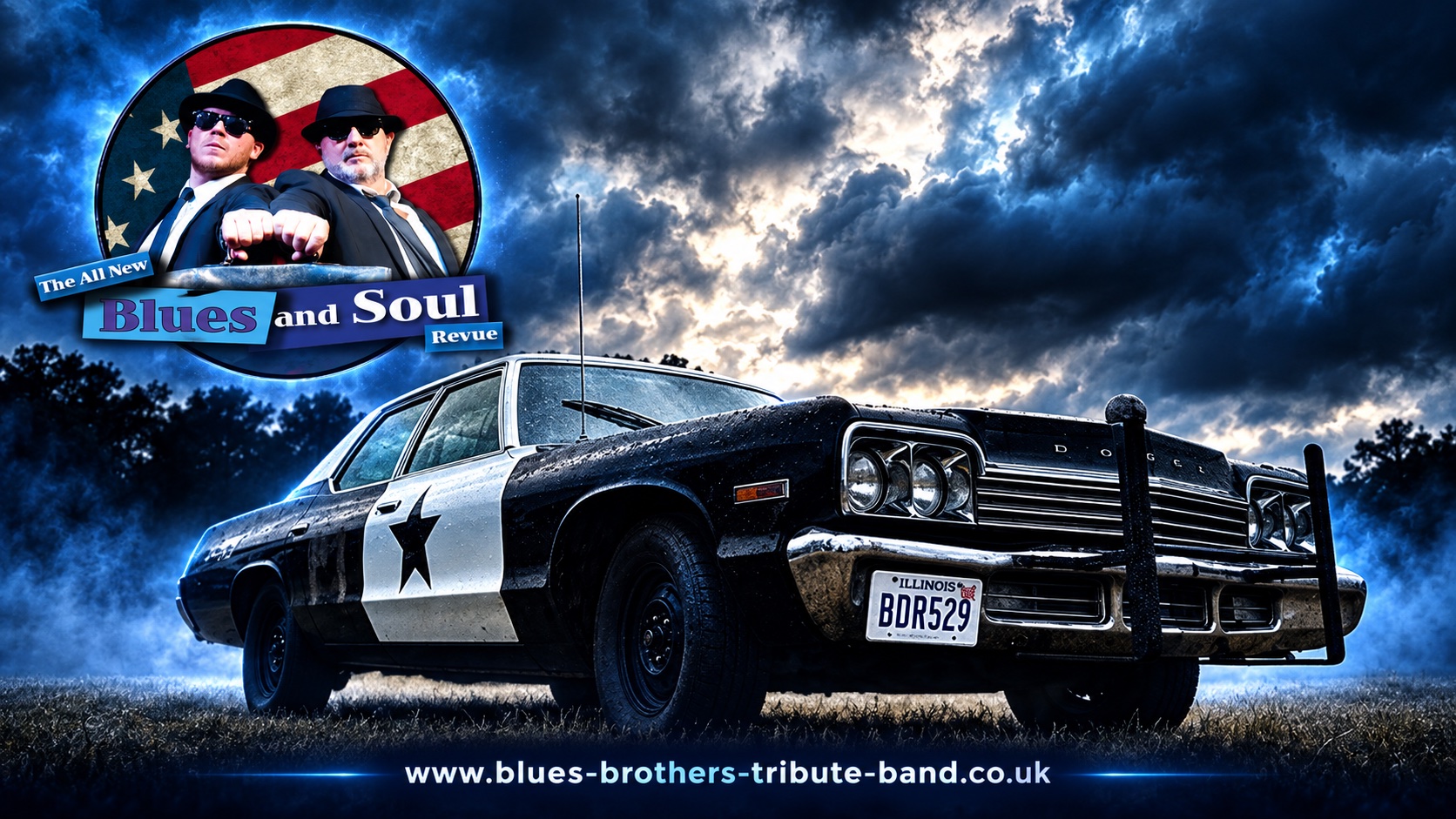 The Bluesmobile beneath a stormy sky, with the Jake and Elwood Blues and Soul Revue logo